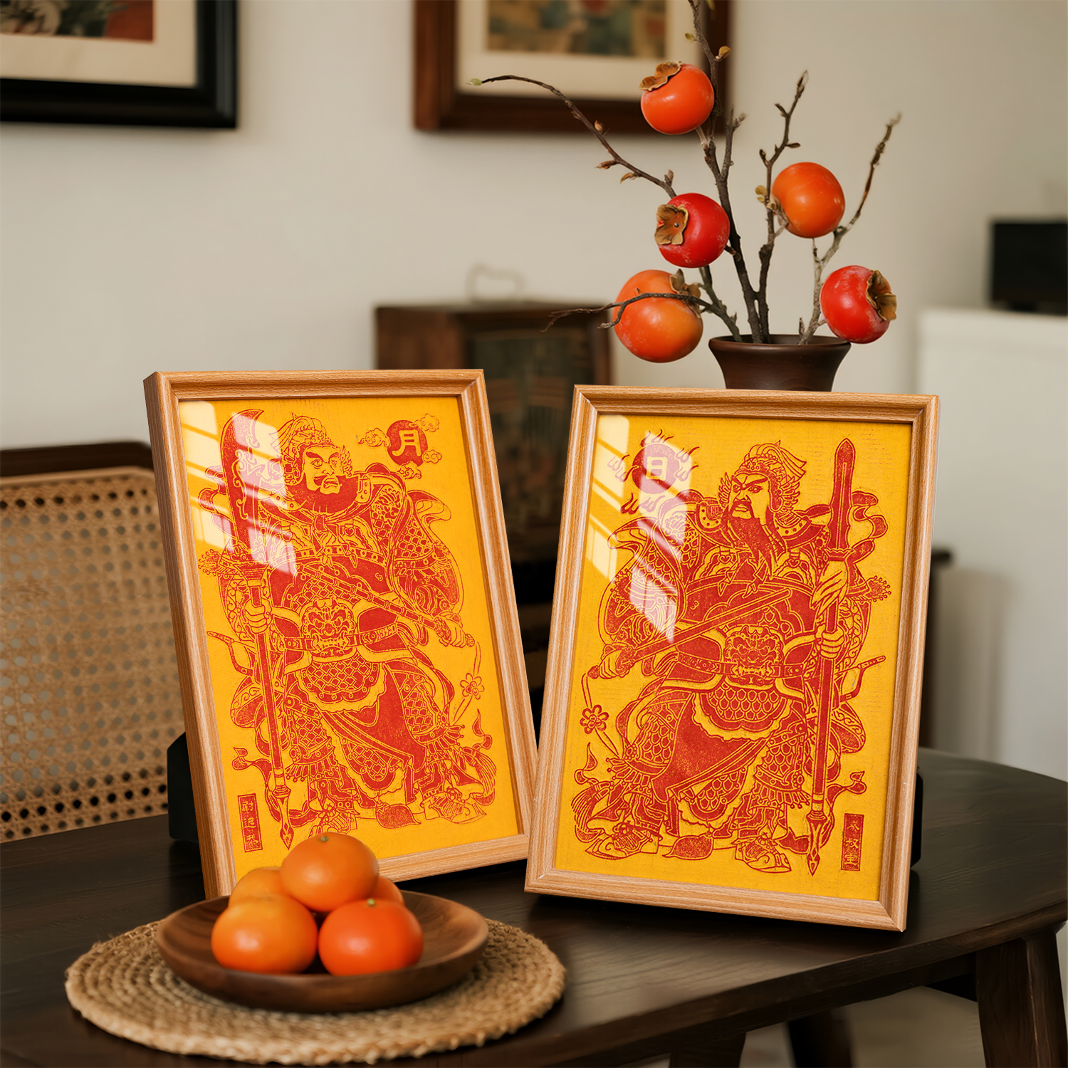 Solar & Lunar Door Gods Rubbing Art - Solid Wood Framed Traditional Chinese Protection Print for Home & Office Blessing