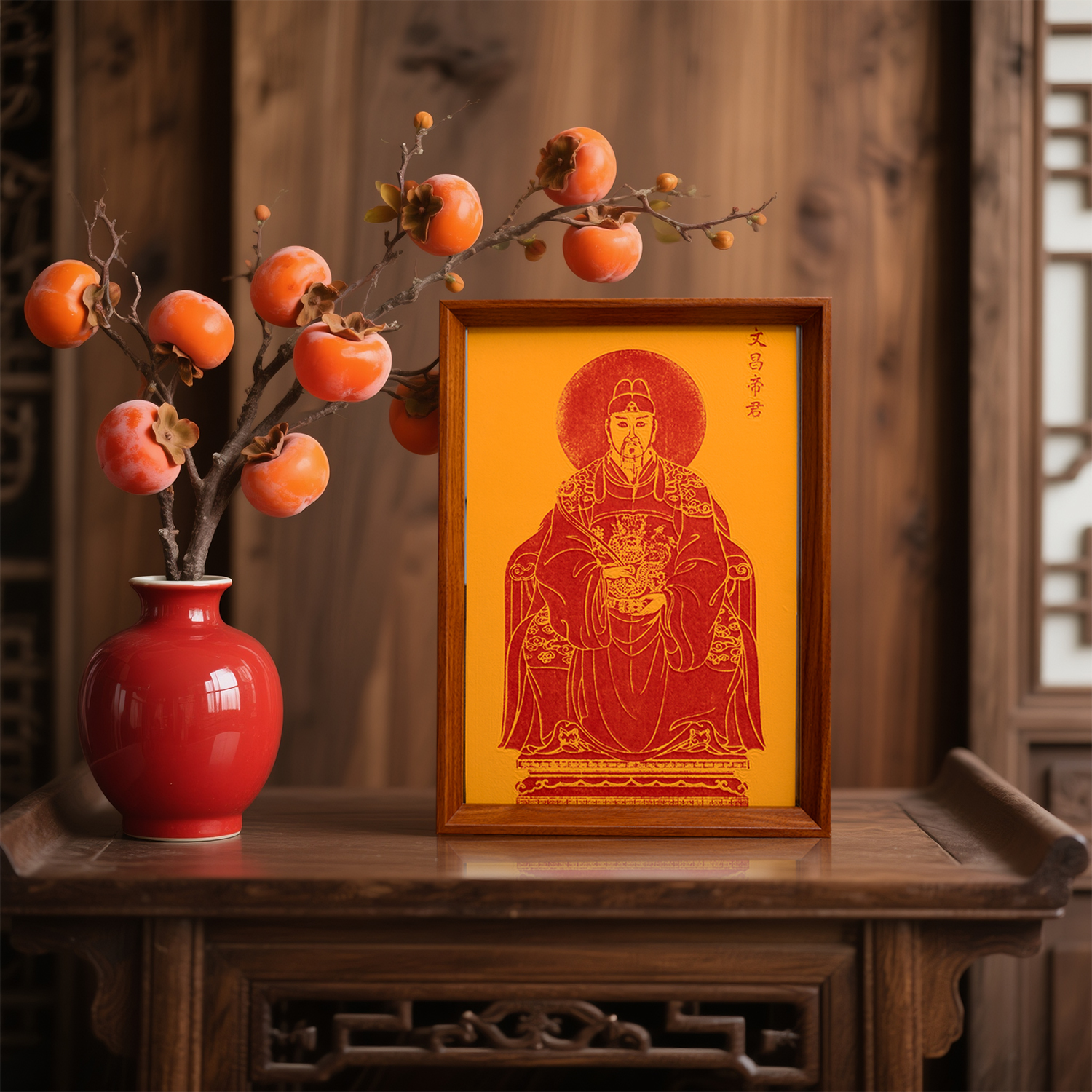 Wenchang Star God Rubbing Print - Premium Solid Wood Frame · Exam Blessing & Academic Success Desktop Altar